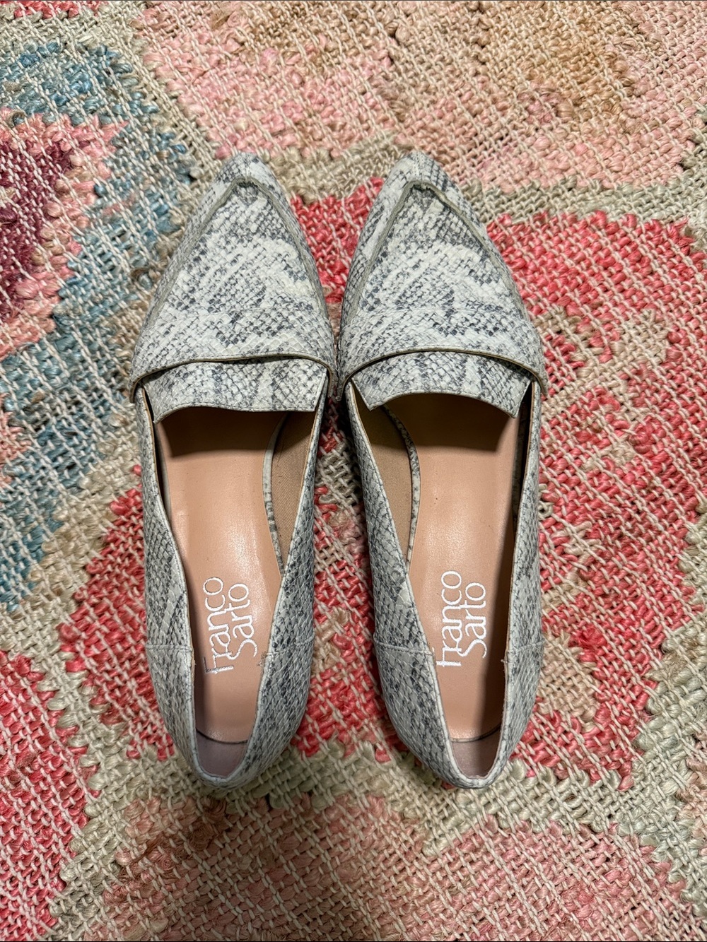 Franco Sarto Pointed-Toe Snake-Print Flats in Light Gray